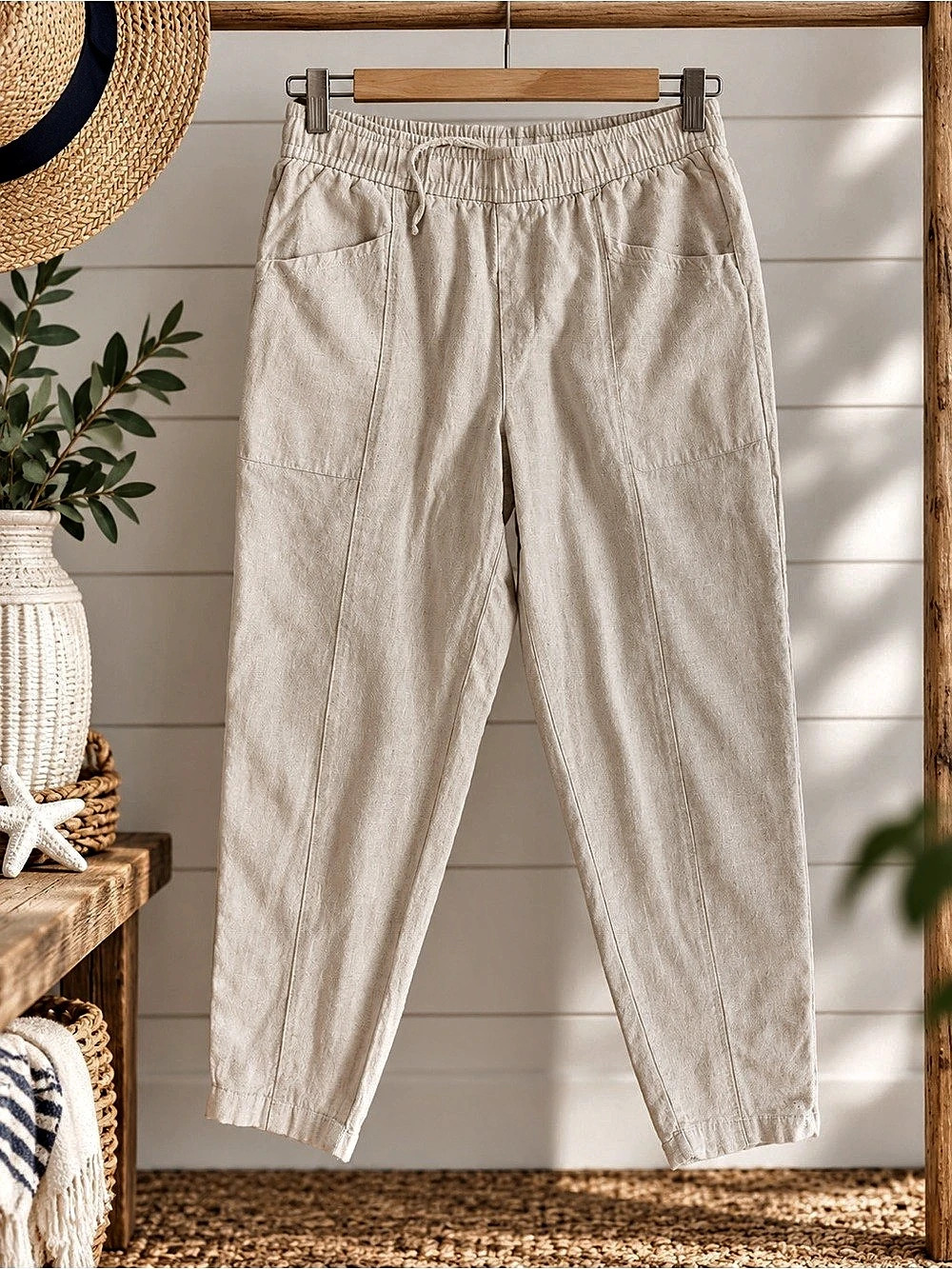 Old Navy High-Rise Straight Taper Linen-Blend Pants Cream Medium